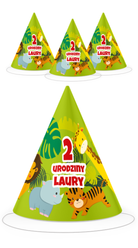 czapeczki urodzinowe personalizowane SAFARII ze zwierzątkami
