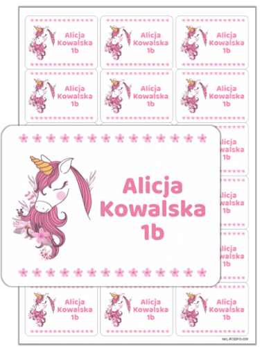 naklejki imienne na zeszyt z jednorożcem