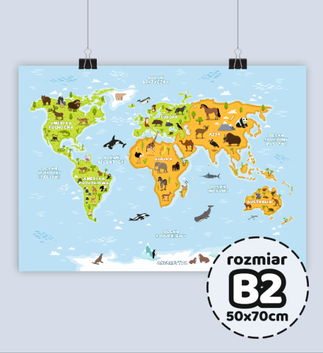 Duży plakat edukacyjny - MAPA ZWIERZĘTA ŚWIATA ( rozmiar B2 50x70cm)