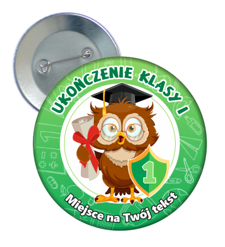 Przypinka: Ukończenia Klasy 1 (Sowa - wzór 2) + nazwa szkoły