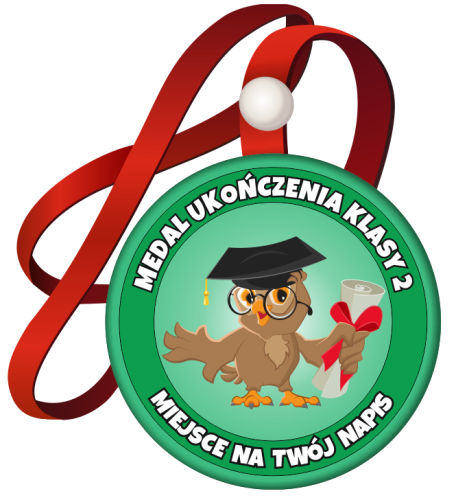 Medal na tasiemce: "Ukończenia klasy 2" (Sowa) + nadruk
