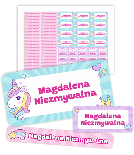 Naklejki imienne do podpisywania (wodoodporne, 70 szt.) - JEDNOROŻCE