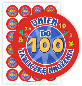 Naklejki "UMIEM TABLICZKĘ MNOŻENIA DO 100" (40mm, 24 szt.) 