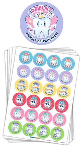 Naklejki "Dzielny Pacjent" - Ząbki (40mm, 120 szt.) + Twój napis