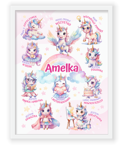 Plakat afirmacyjny w ramce - JEDNOROŻCE (personalizowany, 30x40cm)