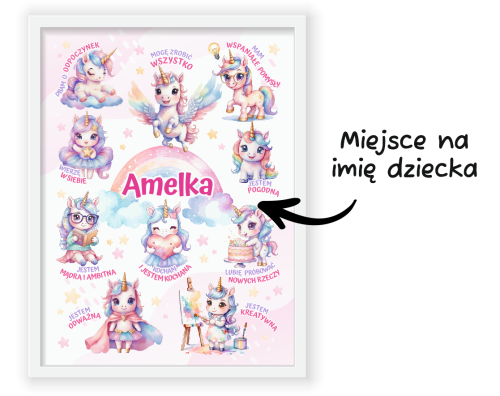 Plakat afirmacyjny w ramce - JEDNOROŻCE (personalizowany, 30x40cm)