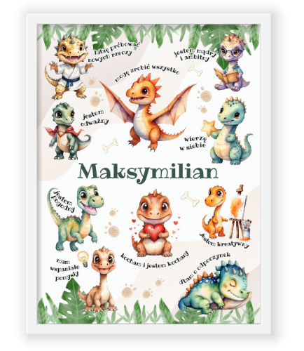 Plakat Pozytywne Afirmacje - DINOZAURY (personalizowany, w ramce, A3)