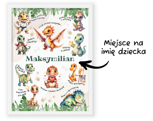 Plakat Pozytywne Afirmacje - DINOZAURY (personalizowany, w ramce, A3)