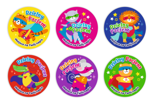 Naklejki "Dzielny Pacjent" - wzór 20 (40mm, 120 szt.) + Twój napis