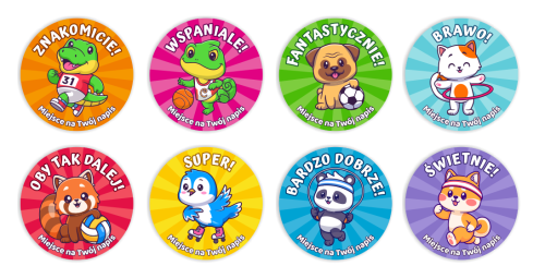 Naklejki "Sportowe Zwierzątka" (40mm, 120 szt.) + Twój napis