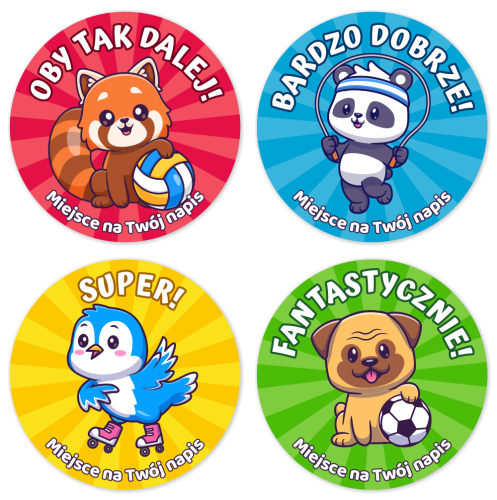Naklejki "Sportowe Zwierzątka" (40mm, 120 szt.) + Twój napis
