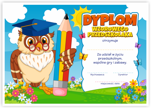 Dyplom: Wzorowego Przedszkolaka - Sowa (wzór 45)