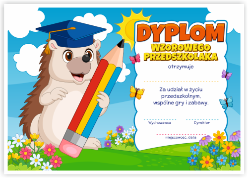 Dyplom: Wzorowego Przedszkolaka - Jeż (wzór 49)