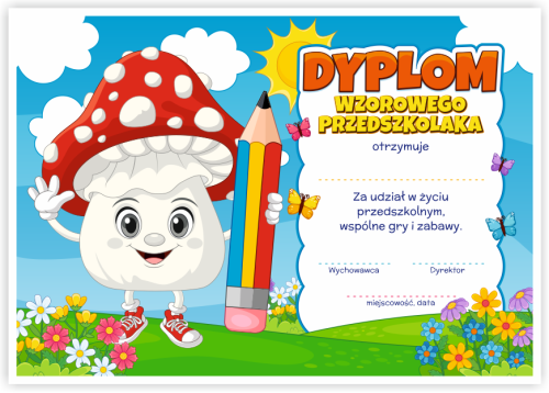 Dyplom: Wzorowego Przedszkolaka - Muchomor (wzór 55)