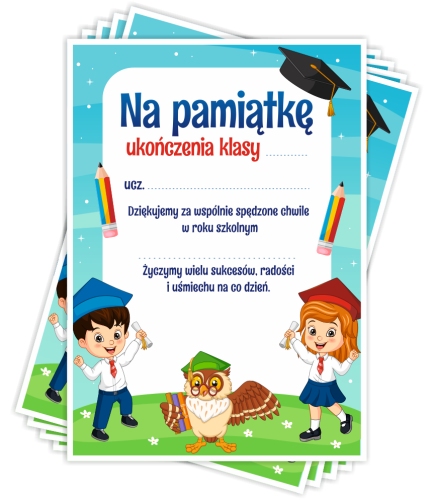 Wkładki z dedykacją - pamiątka ukończenia klasy - wzór 2 ( A6, komplet 10 szt.)