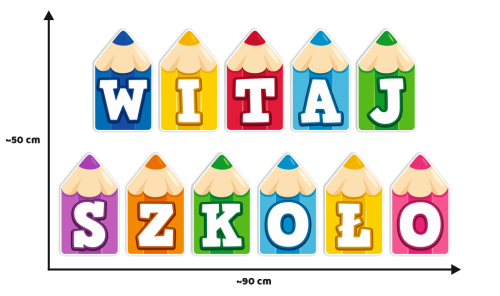 Dekoracja napis: WITAJ SZKOŁO (duże wycięte kredki)