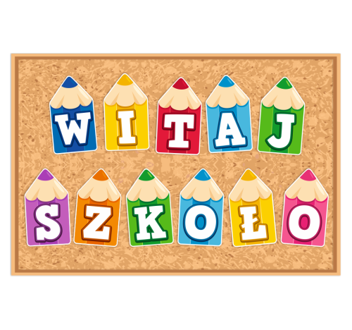 Dekoracja napis: WITAJ SZKOŁO (duże wycięte kredki)