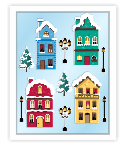 Dekoracja zimowa na okna - Duże Zimowe Domki - wzór 2 (~A3, dwustronna)