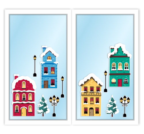 Dekoracja zimowa na okna - Duże Zimowe Domki - wzór 2 (~A3, dwustronna)