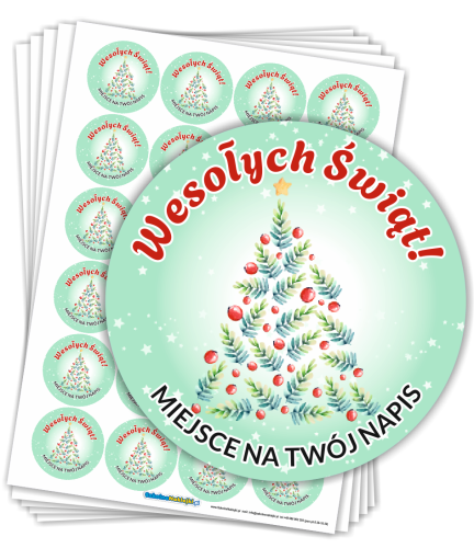 Naklejki Świąteczne "Wesołych Świąt" - CHOINKA - wzór 5 (40mm, 120 szt.) + własny napis