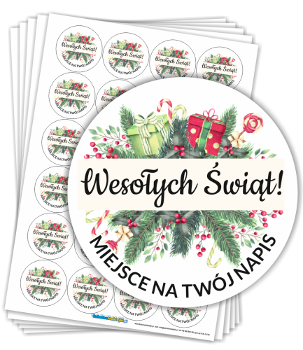 Naklejki Świąteczne "Wesołych Świąt" - ŚWIĄTECZNY STROIK (40mm, 120 szt.) + własny napis