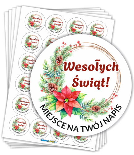 Naklejki Świąteczne "Wesołych Świąt" - ŚWIĄTECZNY STROIK - wzór 2 (40mm, 120 szt.) + własny napis