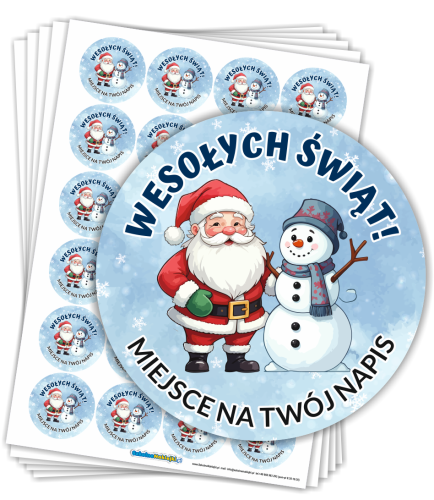 Naklejki Świąteczne "Wesołych Świąt" - MIKOŁAJ i BAŁWANEK (40mm, 120 szt.) + własny napis
