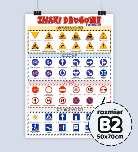 Duży plakat edukacyjny - ZNAKI DROGOWE (rozmiar B2 50x70cm)