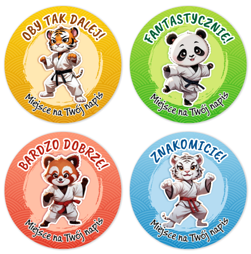 Naklejki "Zwierzątka - Sztuki Walki" (40mm, 120 szt.) + Twój napis