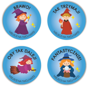 Naklejki "Czarodzieje" (40mm, 120 szt.) + nazwa szkoły/przedszkola/grupy