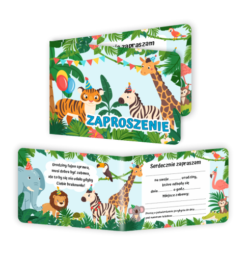 Zaproszenie: Urodziny - Zwierzątka Safari- wzór 3 (składane, format A6)