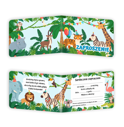 Zaproszenie: Urodziny - Zwierzątka Safari- wzór 3 (składane, format A6)