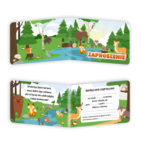 Zaproszenie: Urodziny - Leśne Zwierzątka - wzór 4 (składane, format A6)