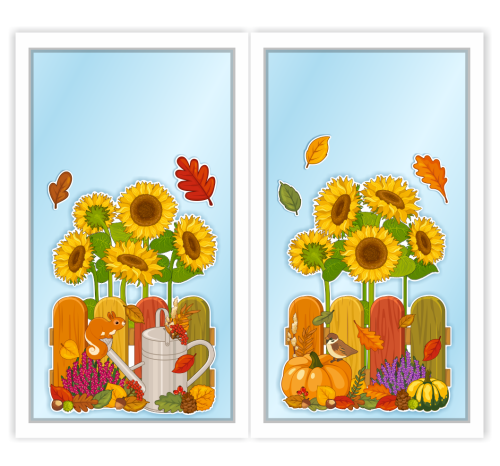Dekoracja jesienna na okna "Jesienny płotek ze słonecznikami" (dwustronna)