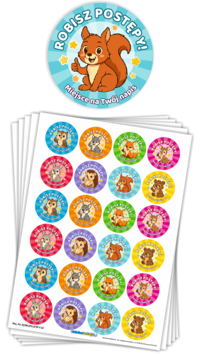 Naklejki motywacyjne - ROBISZ POSTĘPY - wzór 3 (40mm, 120 szt.) + Twój napis