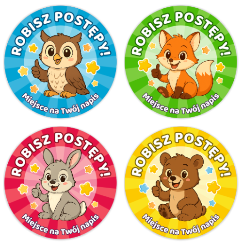 Naklejki motywacyjne - ROBISZ POSTĘPY - wzór 3 (40mm, 120 szt.) + Twój napis