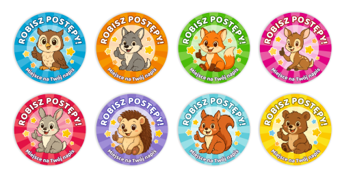 Naklejki motywacyjne - ROBISZ POSTĘPY - wzór 3 (40mm, 120 szt.) + Twój napis