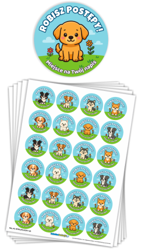 Naklejki motywacyjne - ROBISZ POSTĘPY - wzór 5 (40mm, 120 szt.) + Twój napis