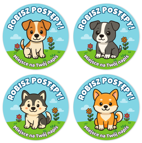 Naklejki motywacyjne - ROBISZ POSTĘPY - wzór 5 (40mm, 120 szt.) + Twój napis