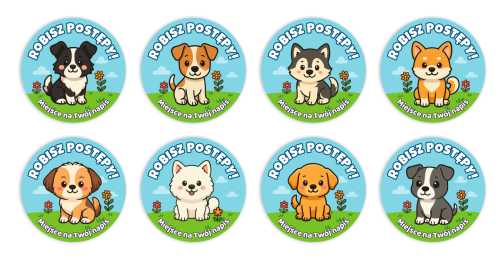 Naklejki motywacyjne - ROBISZ POSTĘPY - wzór 5 (40mm, 120 szt.) + Twój napis