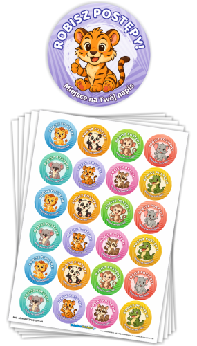 Naklejki motywacyjne - ROBISZ POSTĘPY - wzór 1 (40mm, 120 szt.) + Twój napis