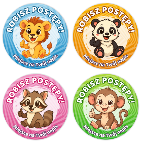 Naklejki motywacyjne - ROBISZ POSTĘPY - wzór 1 (40mm, 120 szt.) + Twój napis