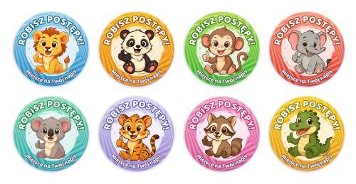 Naklejki motywacyjne - ROBISZ POSTĘPY - wzór 1 (40mm, 120 szt.) + Twój napis