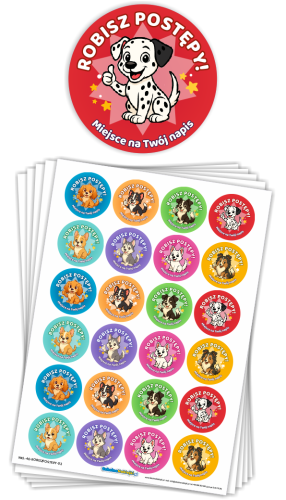 Naklejki motywacyjne - ROBISZ POSTĘPY - wzór 2 (40mm, 120 szt.) + Twój napis