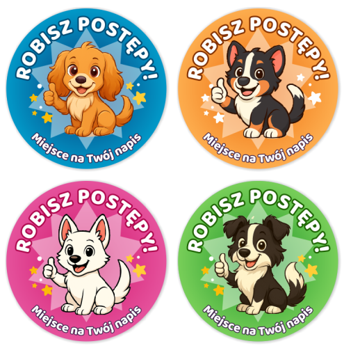 Naklejki motywacyjne - ROBISZ POSTĘPY - wzór 2 (40mm, 120 szt.) + Twój napis