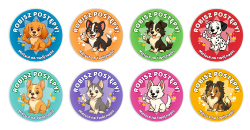 Naklejki motywacyjne - ROBISZ POSTĘPY - wzór 2 (40mm, 120 szt.) + Twój napis