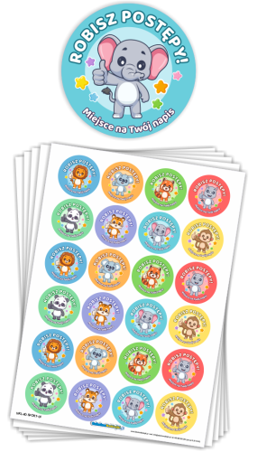 Naklejki motywacyjne - ROBISZ POSTĘPY - wzór 6 (40mm, 120 szt.) + Twój napis