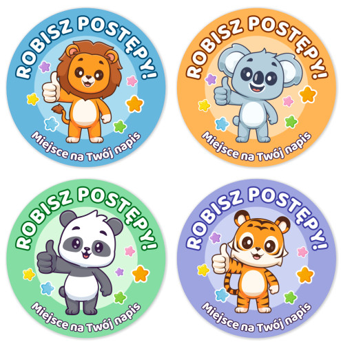 Naklejki motywacyjne - ROBISZ POSTĘPY - wzór 6 (40mm, 120 szt.) + Twój napis