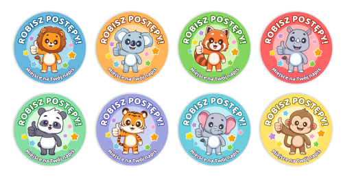 Naklejki motywacyjne - ROBISZ POSTĘPY - wzór 6 (40mm, 120 szt.) + Twój napis