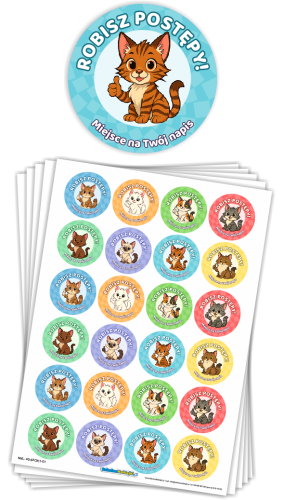 Naklejki motywacyjne - ROBISZ POSTĘPY - wzór 4 (40mm, 120 szt.) + Twój napis